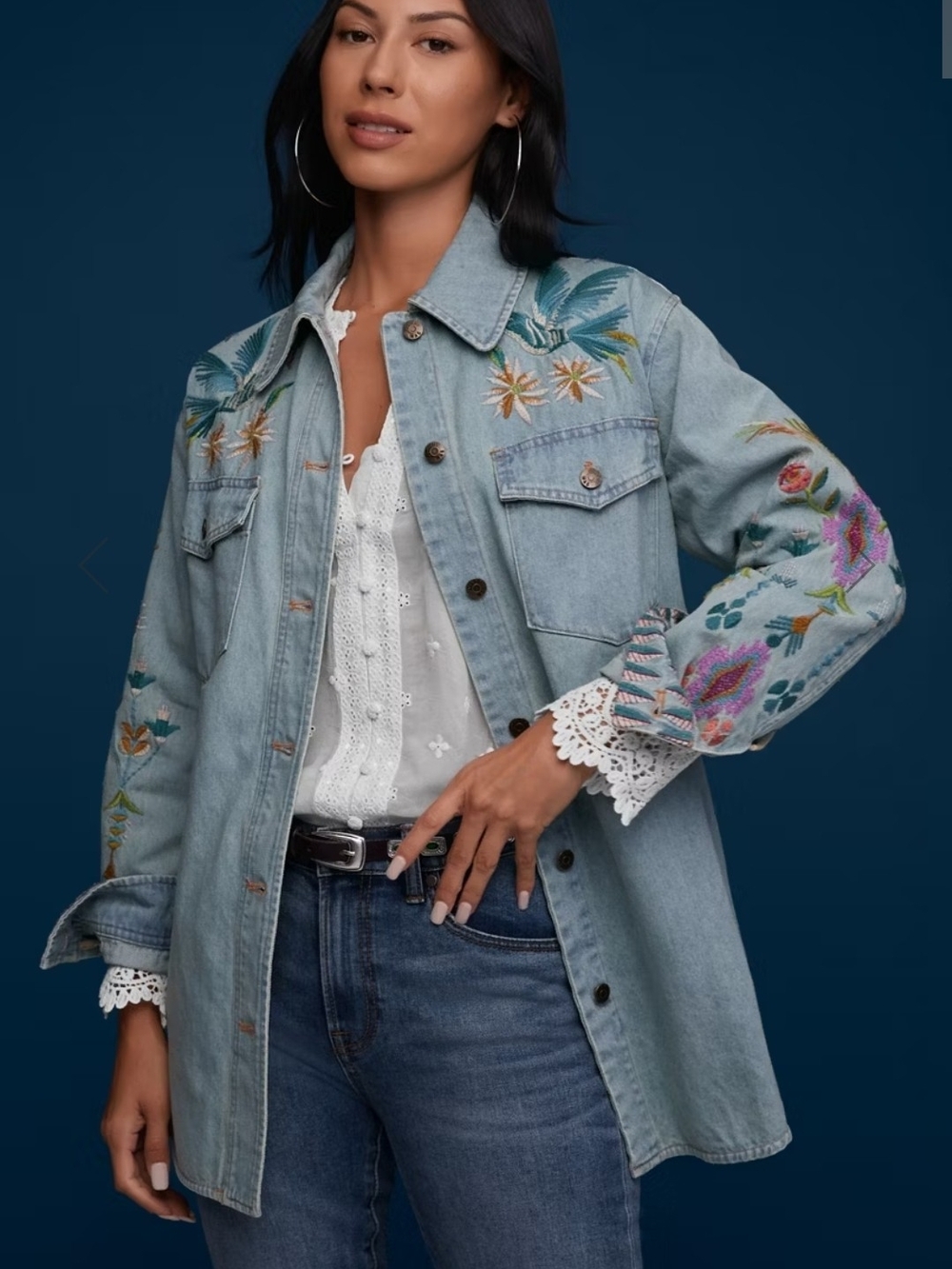 Johnny Was Gabriella Denim Shirt Jacket L Oversized Floral Embroidered Boho